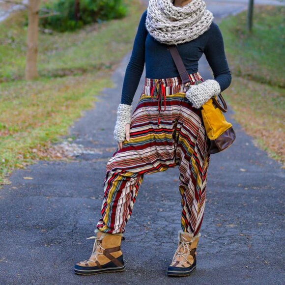 Buddha Pants Unisex Drawstring Boho Hippie Stripe Savannah Harem Pants Red - Picture 13 of 13